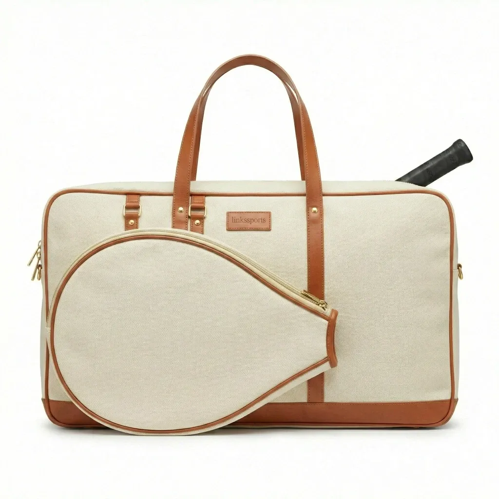 Women's canvas and leather tennis tote bag in sage green - 40x28x15 cm, leather handles, gold hardware, racket compartment - custom colors by Links Sports Co — view 6