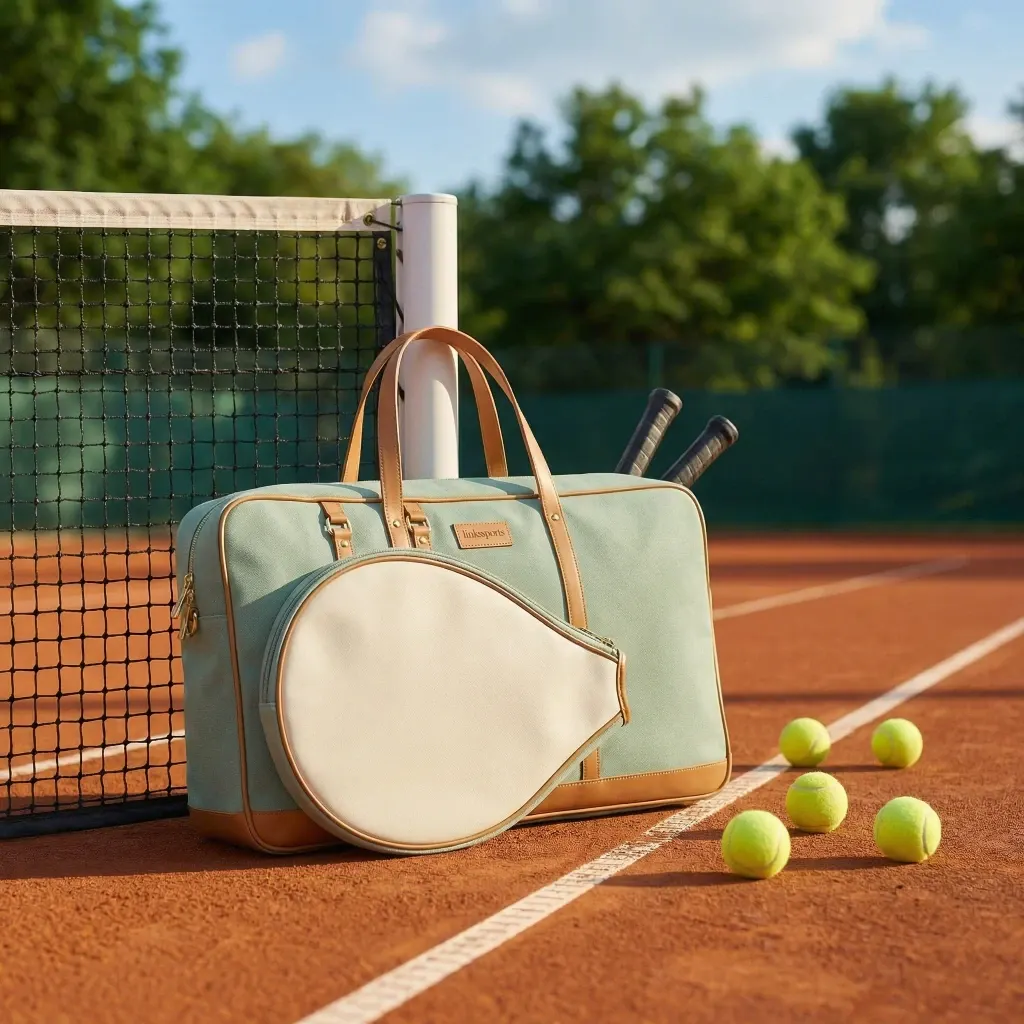 Women's canvas and leather tennis tote bag in sage green - 40x28x15 cm, leather handles, gold hardware, racket compartment - custom colors by Links Sports Co