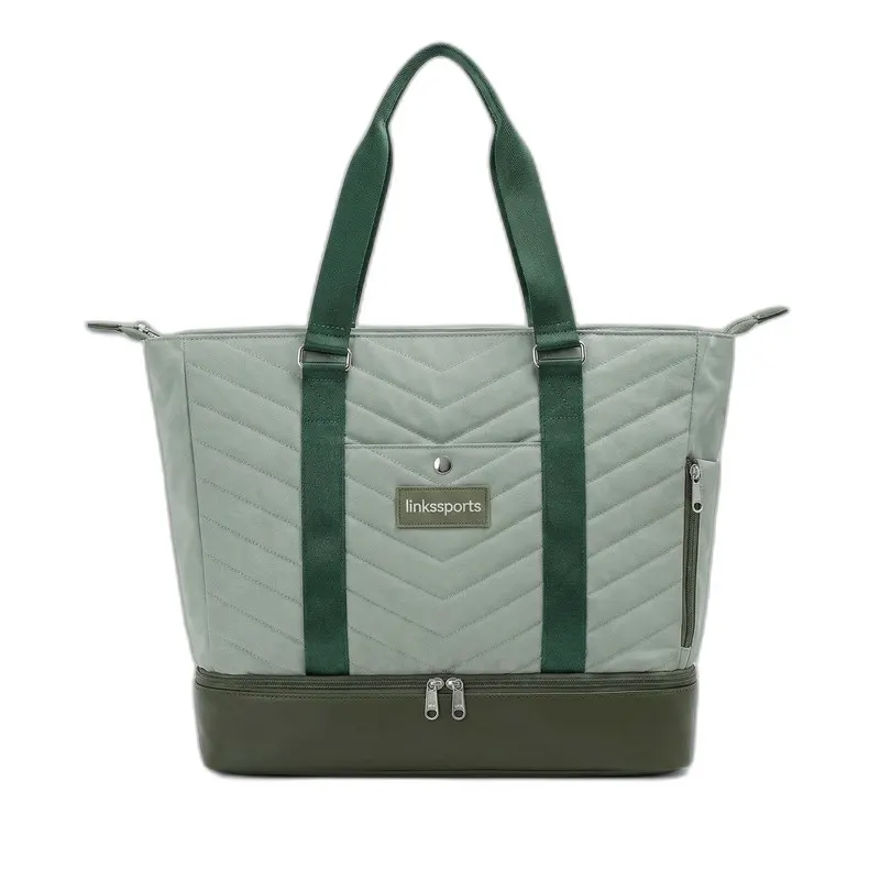 Women's quilted nylon tennis tote bag in sage green - shoe compartment, side ball pocket, back zipper pocket - custom club logo available by Links Sports Co