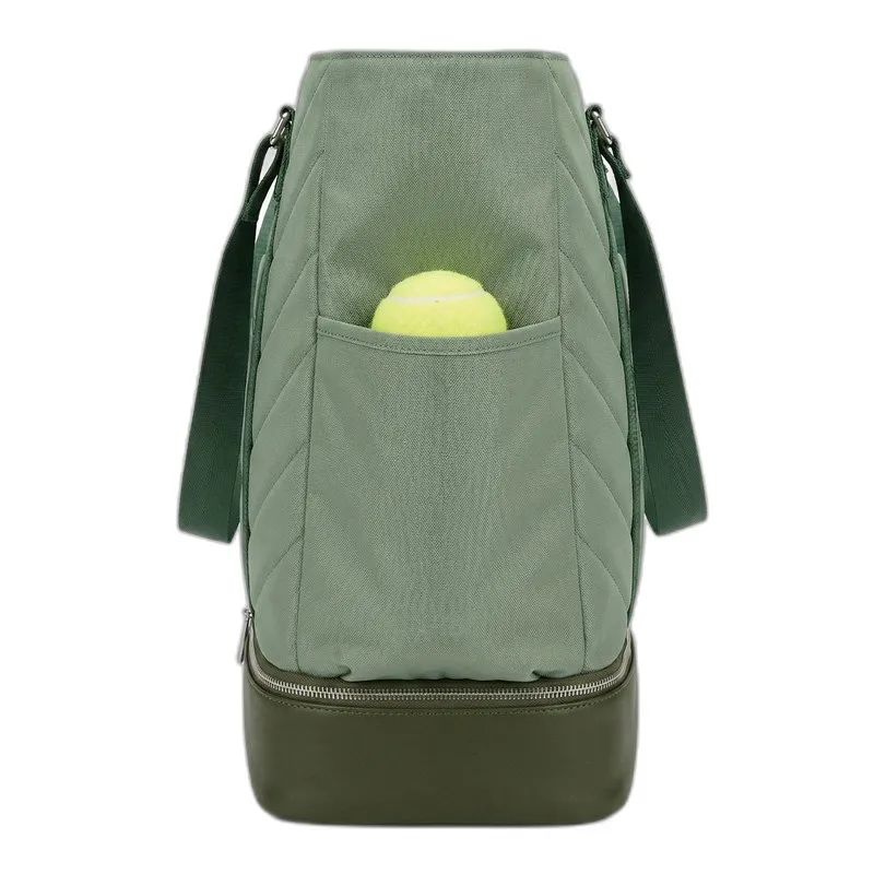 Women's quilted nylon tennis tote bag in sage green - shoe compartment, side ball pocket, back zipper pocket - custom club logo available by Links Sports Co — view 3