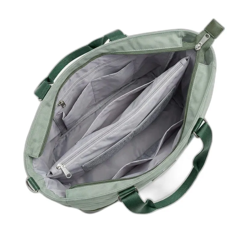 Women's quilted nylon tennis tote bag in sage green - shoe compartment, side ball pocket, back zipper pocket - custom club logo available by Links Sports Co — view 2