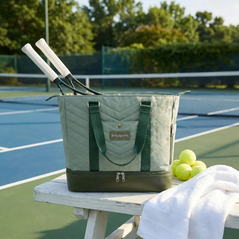 Women's quilted nylon tennis tote bag in sage green - shoe compartment, side ball pocket, back zipper pocket - custom club logo available by Links Sports Co — view 7