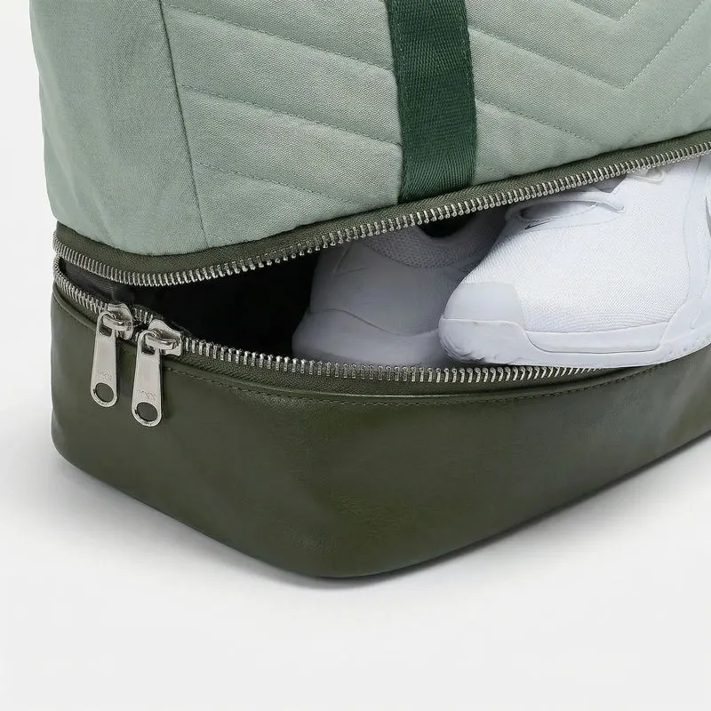 Women's quilted nylon tennis tote bag in sage green - shoe compartment, side ball pocket, back zipper pocket - custom club logo available by Links Sports Co — view 14