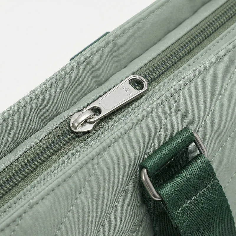 Women's quilted nylon tennis tote bag in sage green - shoe compartment, side ball pocket, back zipper pocket - custom club logo available by Links Sports Co — view 13