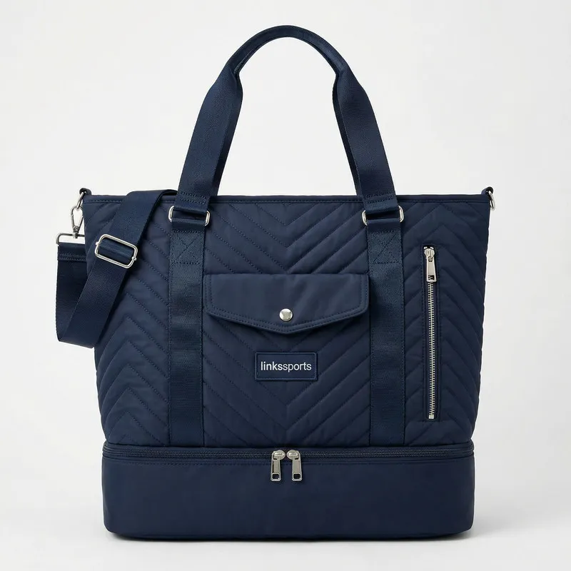 Women's quilted nylon tennis tote bag in sage green - shoe compartment, side ball pocket, back zipper pocket - custom club logo available by Links Sports Co — view 6