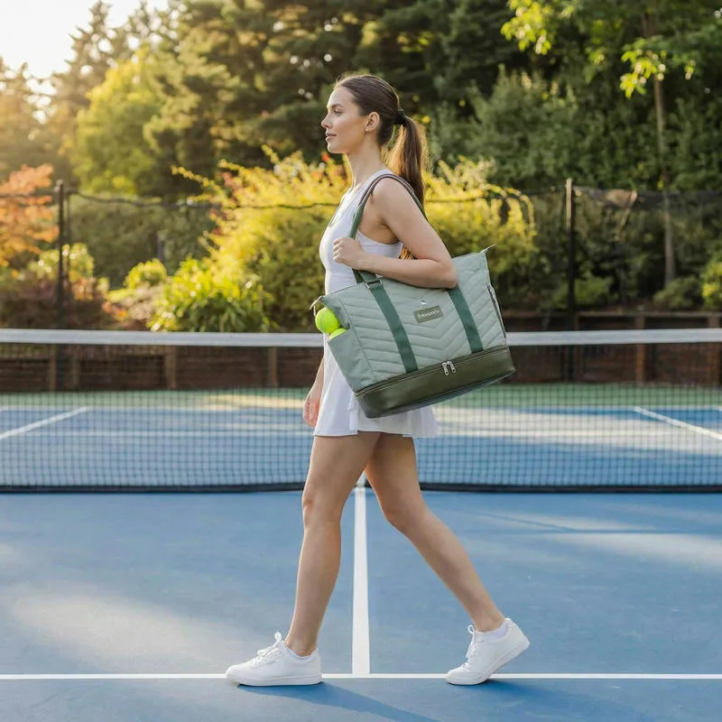Women's quilted nylon tennis tote bag in sage green - shoe compartment, side ball pocket, back zipper pocket - custom club logo available by Links Sports Co — view 10