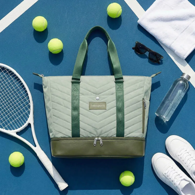 Women's quilted nylon tennis tote bag in sage green - shoe compartment, side ball pocket, back zipper pocket - custom club logo available by Links Sports Co — view 12