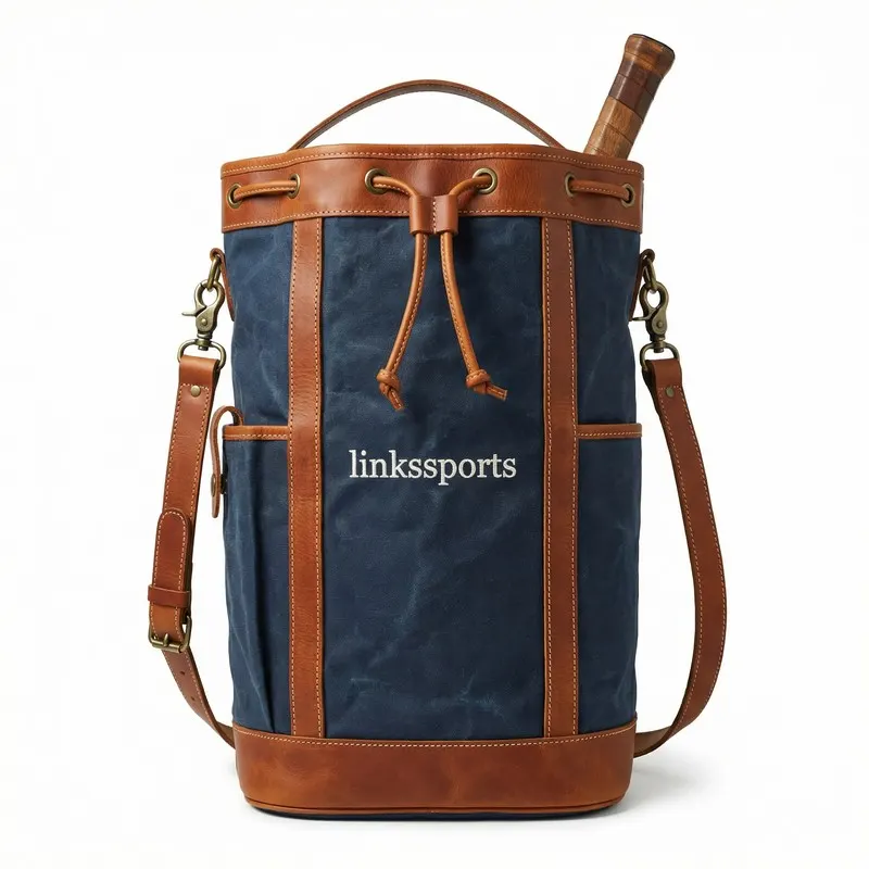 Vintage waxed canvas & leather tennis bucket backpack in navy blue - drawstring closure, racket compartment, brass hardware & leather shoulder strap - custom club logo available by Links Sports Co