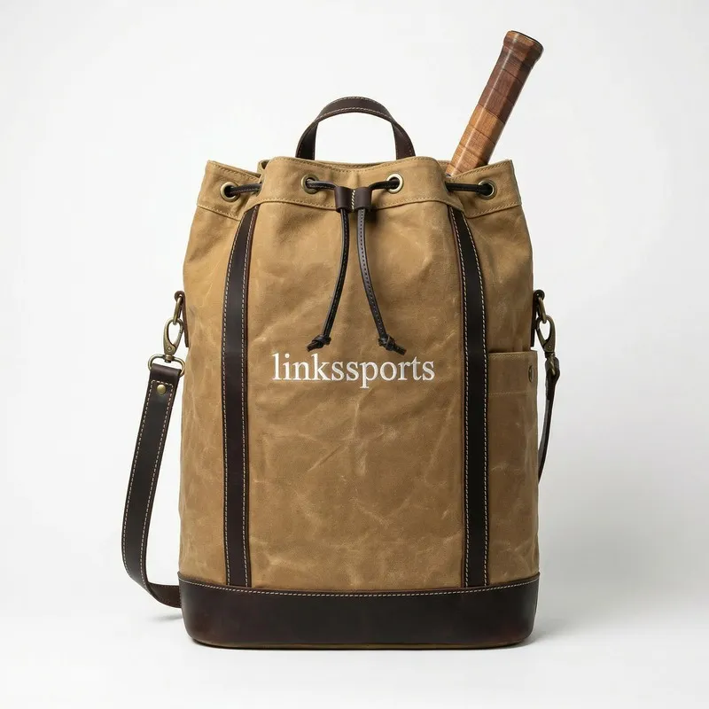 Vintage waxed canvas & leather tennis bucket backpack in navy blue - drawstring closure, racket compartment, brass hardware & leather shoulder strap - custom club logo available by Links Sports Co — view 2