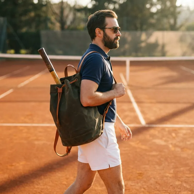 Vintage waxed canvas & leather tennis bucket backpack in navy blue - drawstring closure, racket compartment, brass hardware & leather shoulder strap - custom club logo available by Links Sports Co — view 7