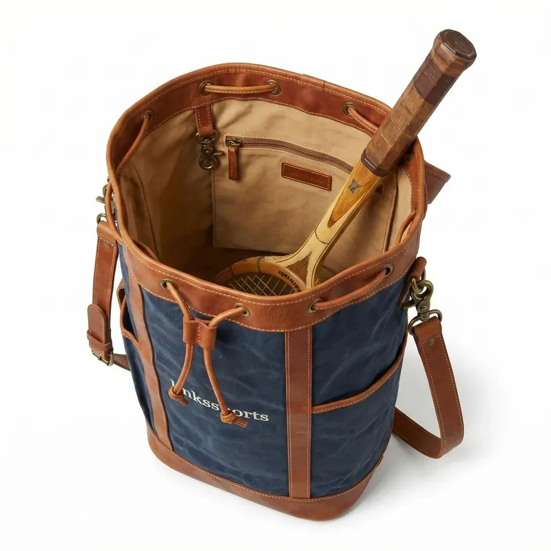 Vintage waxed canvas & leather tennis bucket backpack in navy blue - drawstring closure, racket compartment, brass hardware & leather shoulder strap - custom club logo available by Links Sports Co — view 4