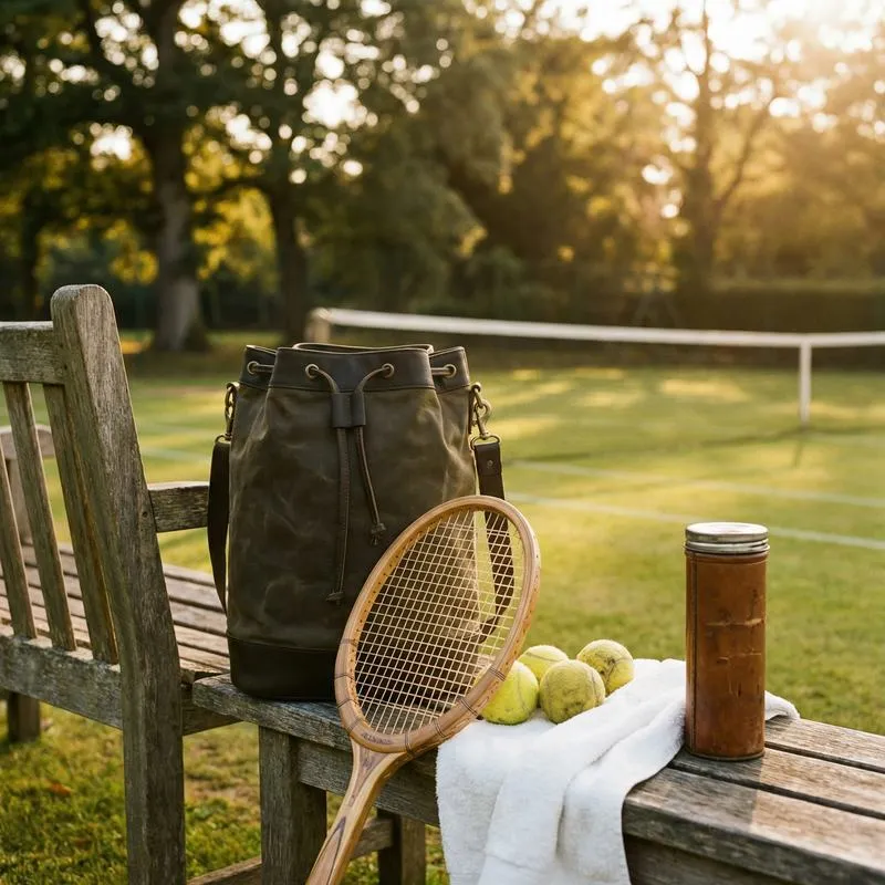 Vintage waxed canvas & leather tennis bucket backpack in navy blue - drawstring closure, racket compartment, brass hardware & leather shoulder strap - custom club logo available by Links Sports Co — view 6