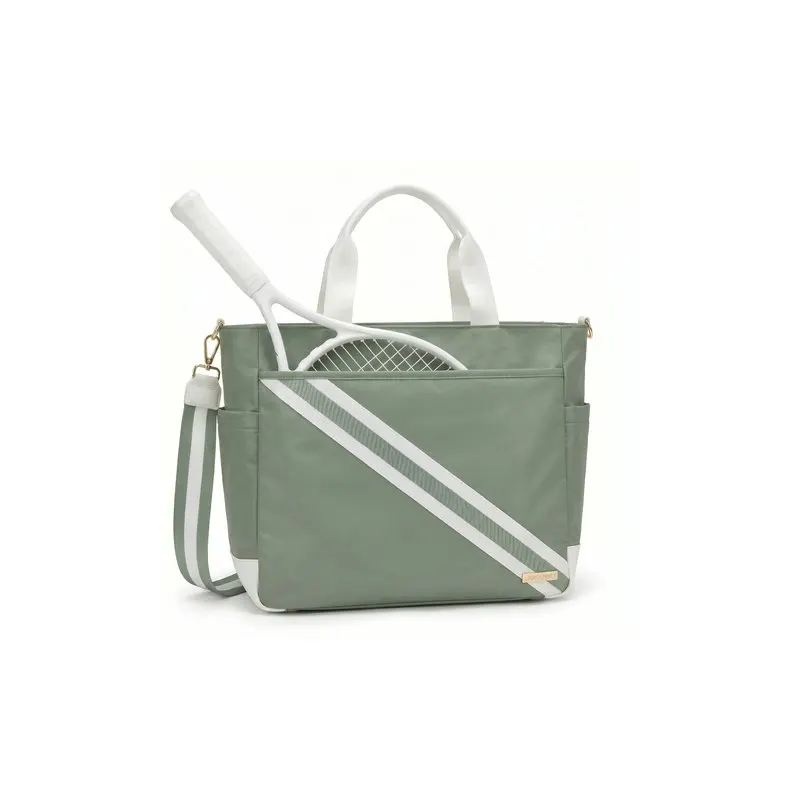 Women's striped nylon tennis tote bag in sage green - side ball pockets, front zipper pocket, detachable crossbody strap, gold hardware - custom logo available by Links Sports Co