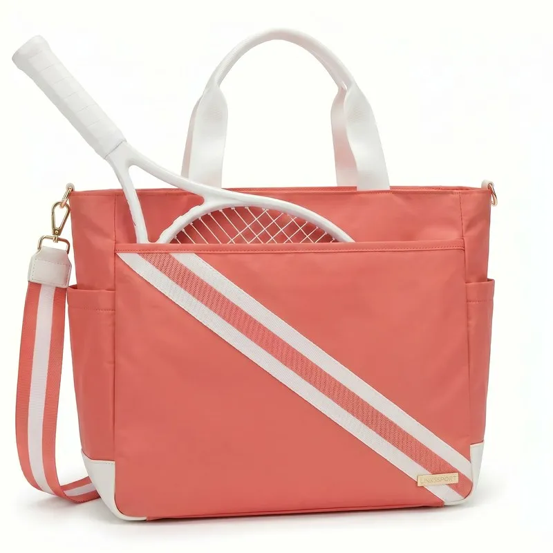 Women's striped nylon tennis tote bag in sage green - side ball pockets, front zipper pocket, detachable crossbody strap, gold hardware - custom logo available by Links Sports Co — view 6