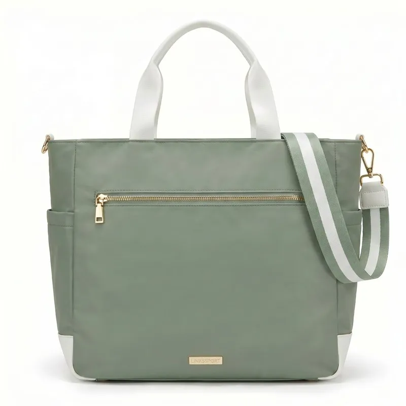 Women's striped nylon tennis tote bag in sage green - side ball pockets, front zipper pocket, detachable crossbody strap, gold hardware - custom logo available by Links Sports Co — view 2