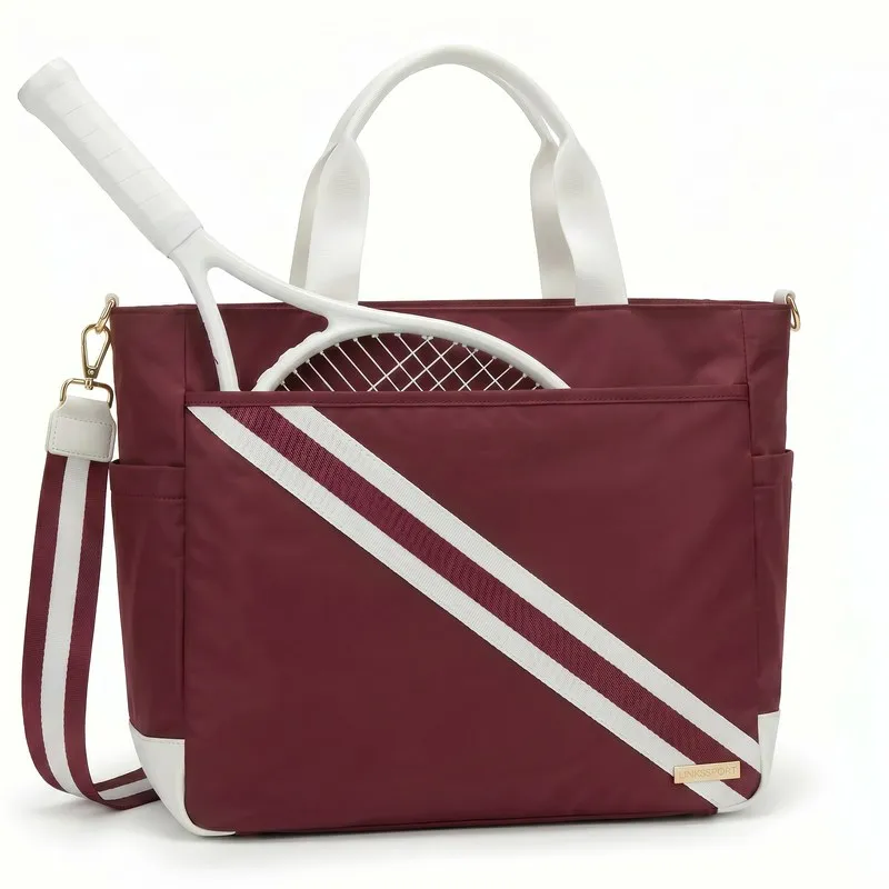 Women's striped nylon tennis tote bag in sage green - side ball pockets, front zipper pocket, detachable crossbody strap, gold hardware - custom logo available by Links Sports Co — view 7