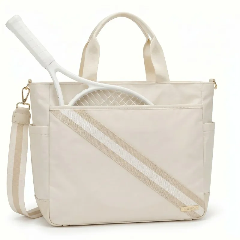 Women's striped nylon tennis tote bag in sage green - side ball pockets, front zipper pocket, detachable crossbody strap, gold hardware - custom logo available by Links Sports Co — view 8