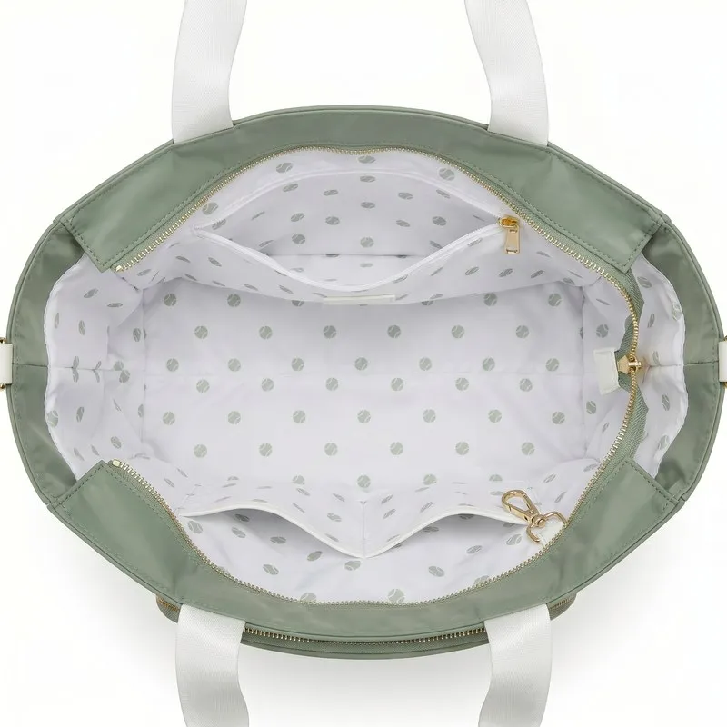 Women's striped nylon tennis tote bag in sage green - side ball pockets, front zipper pocket, detachable crossbody strap, gold hardware - custom logo available by Links Sports Co — view 5