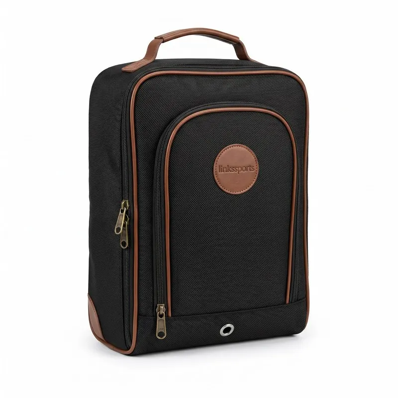Classic Nylon & Leather Golf Shoe Bag – Vintage Brown Trim with Breathable Eyelet & Striped Lining