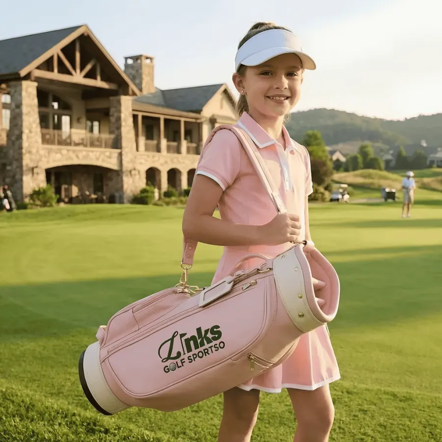 Full-grain leather kids Sunday golf bag for ages 6-10 - 26 inch height, 6-inch 2-way divider, padded leather strap, reinforced rubber base by Links Sports Co