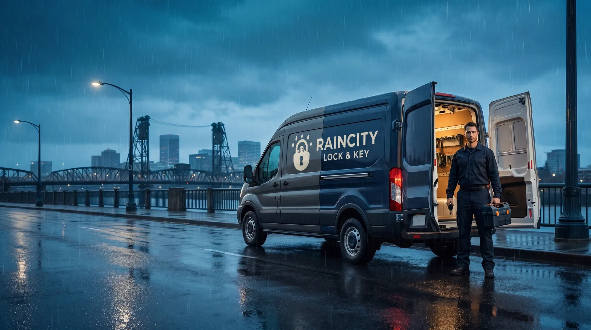 Portland locksmith mobile service van in rainy city conditions for emergency locksmith Portland searches