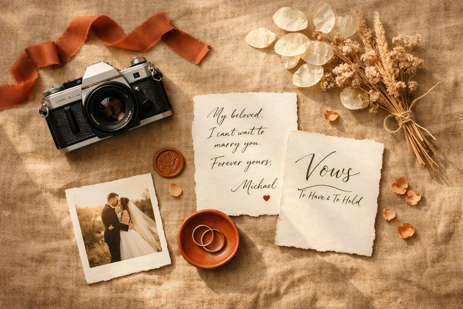 Detalhes de casamento: câmera, flores e votos escritos à mão