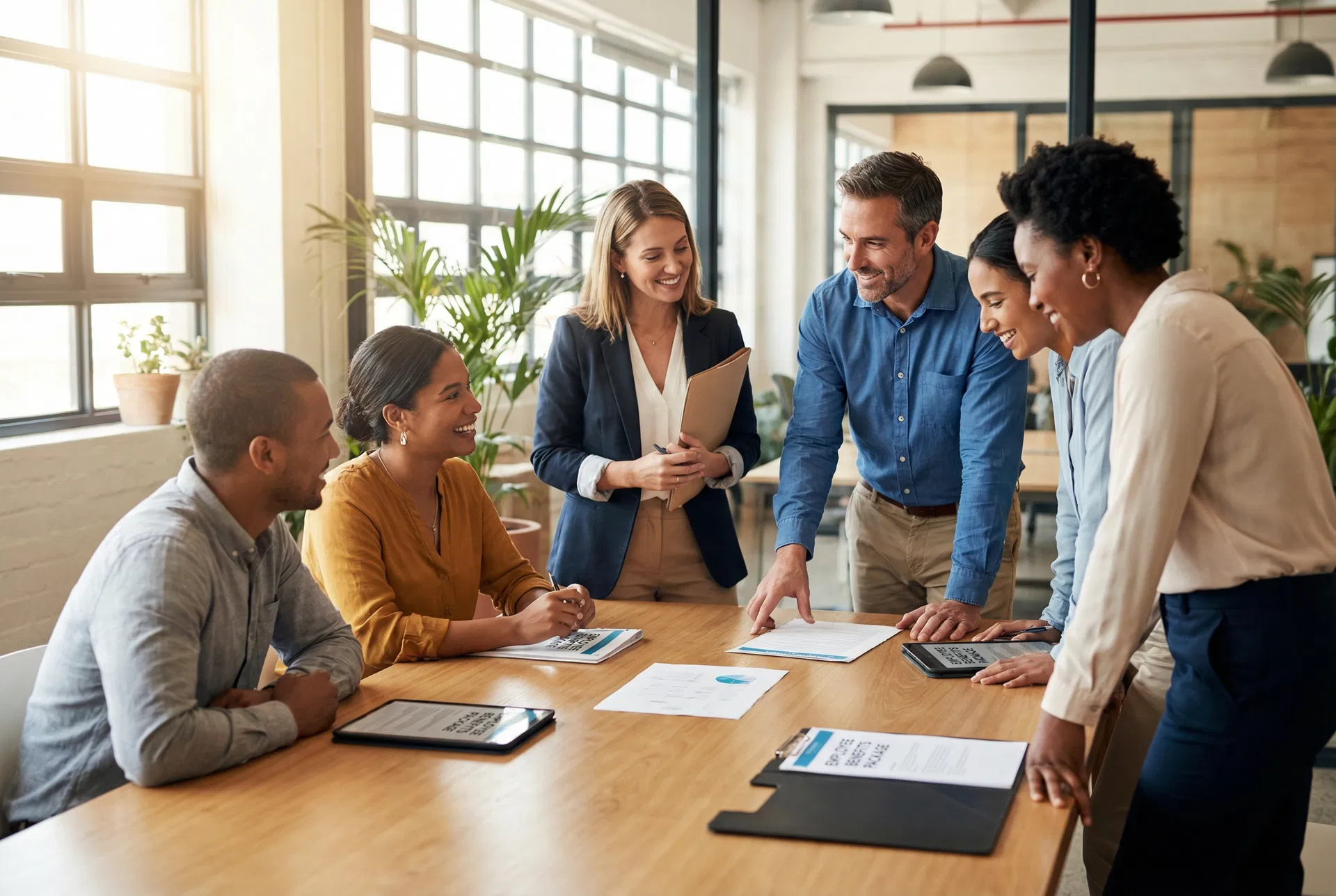 Business owner reviewing employee benefits with advisor