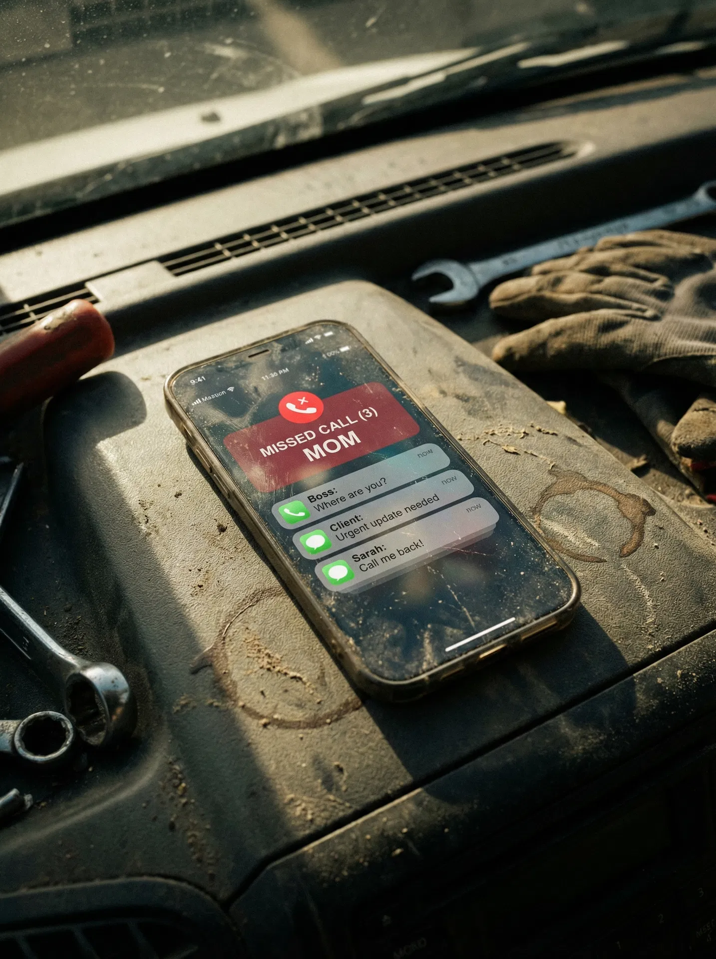 Missed calls on a phone in a work van