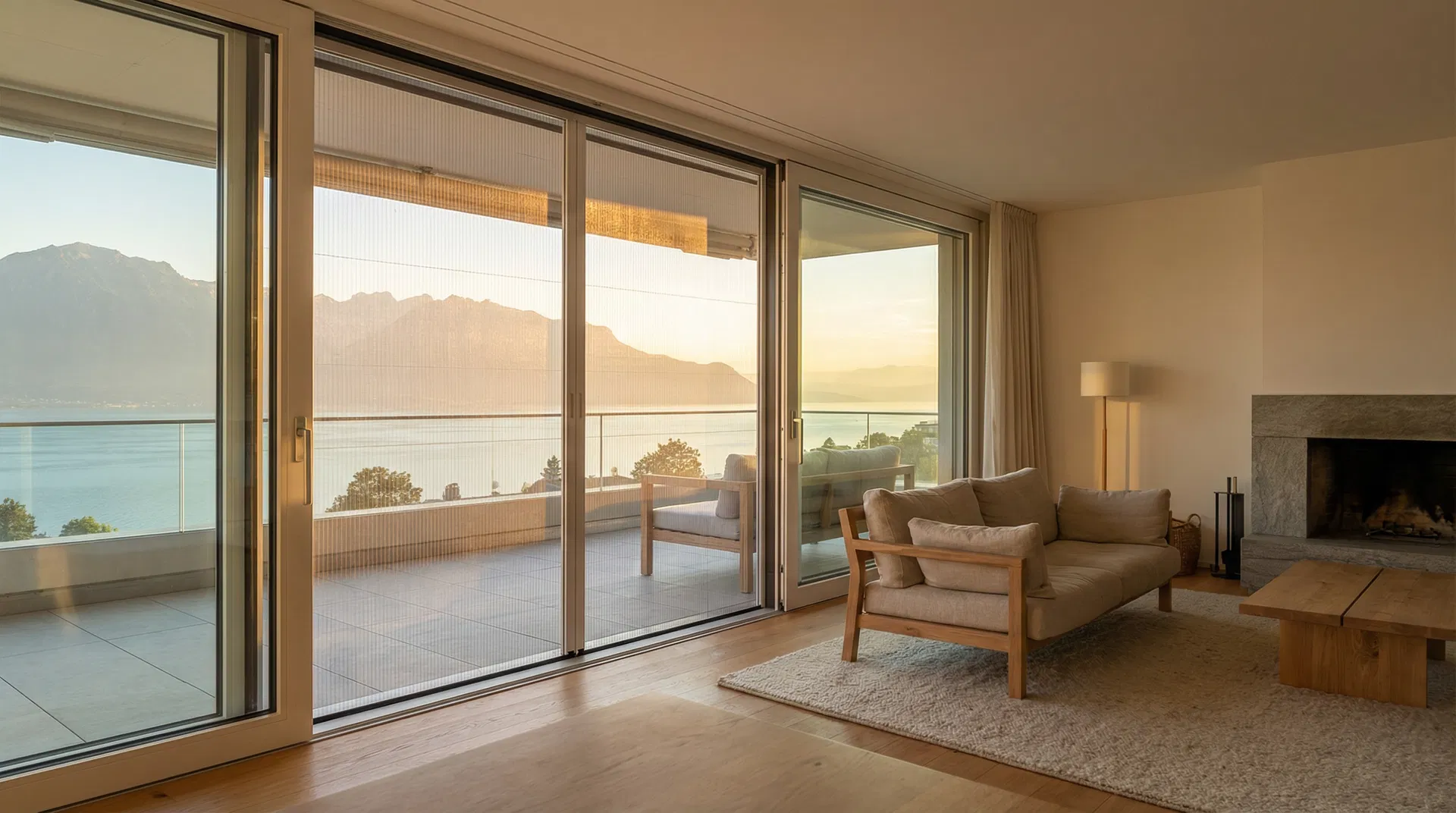 Moustiquaire sur mesure installée dans un intérieur suisse avec vue sur le lac Léman - Lausanne, Canton de Vaud