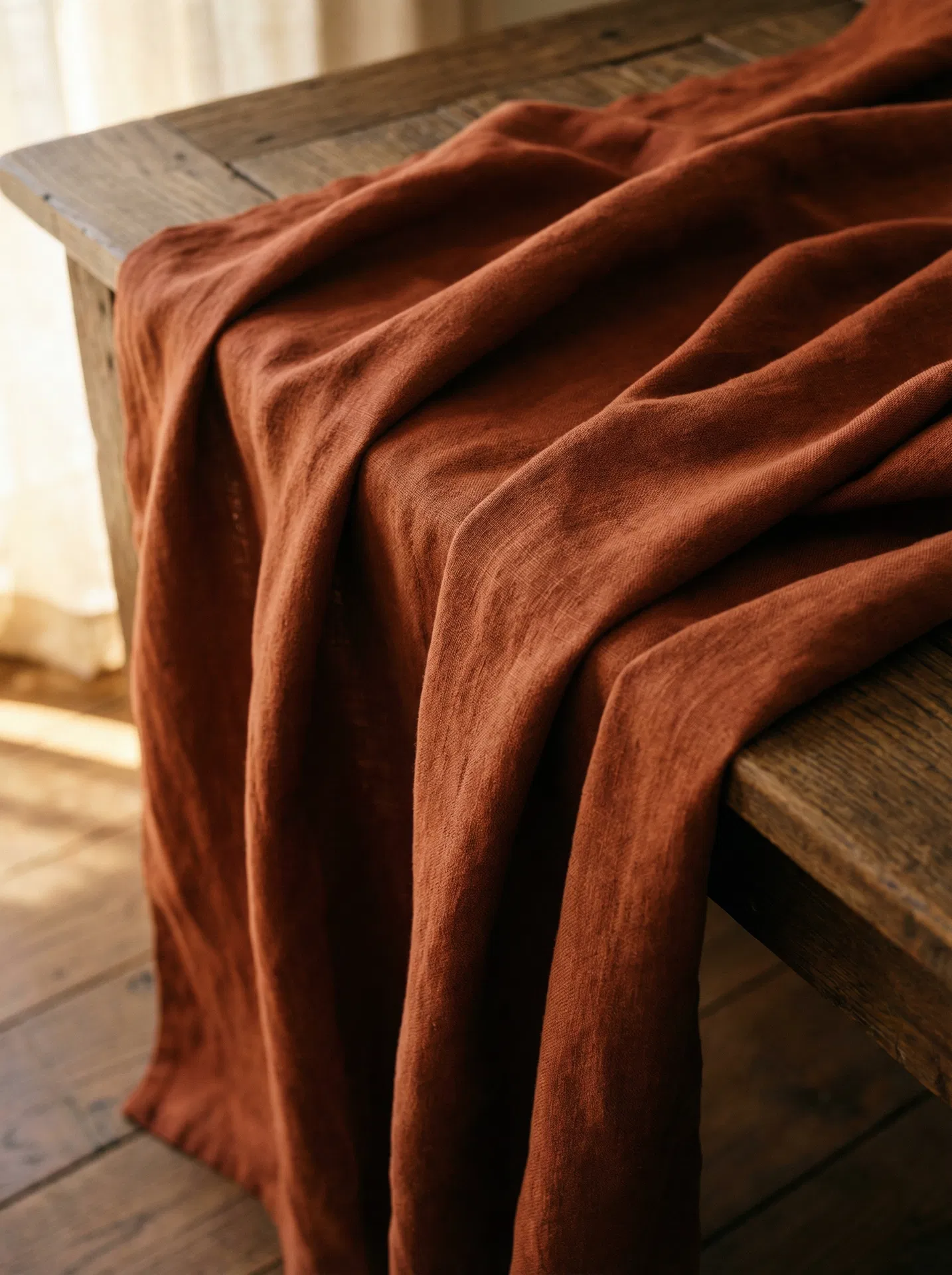 Woman in a sunlit room wearing a flowing rust-colored dress