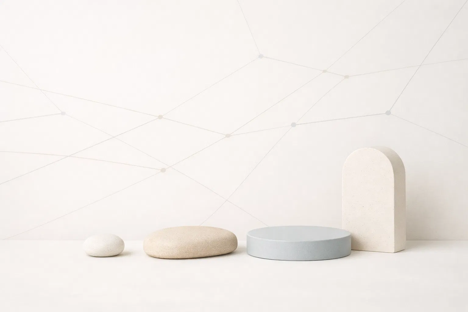 Abstrakcyjna, spokojna kompozycja wizualna reprezentująca projekt SENTRIP — sieć połączeń na jasnym tle