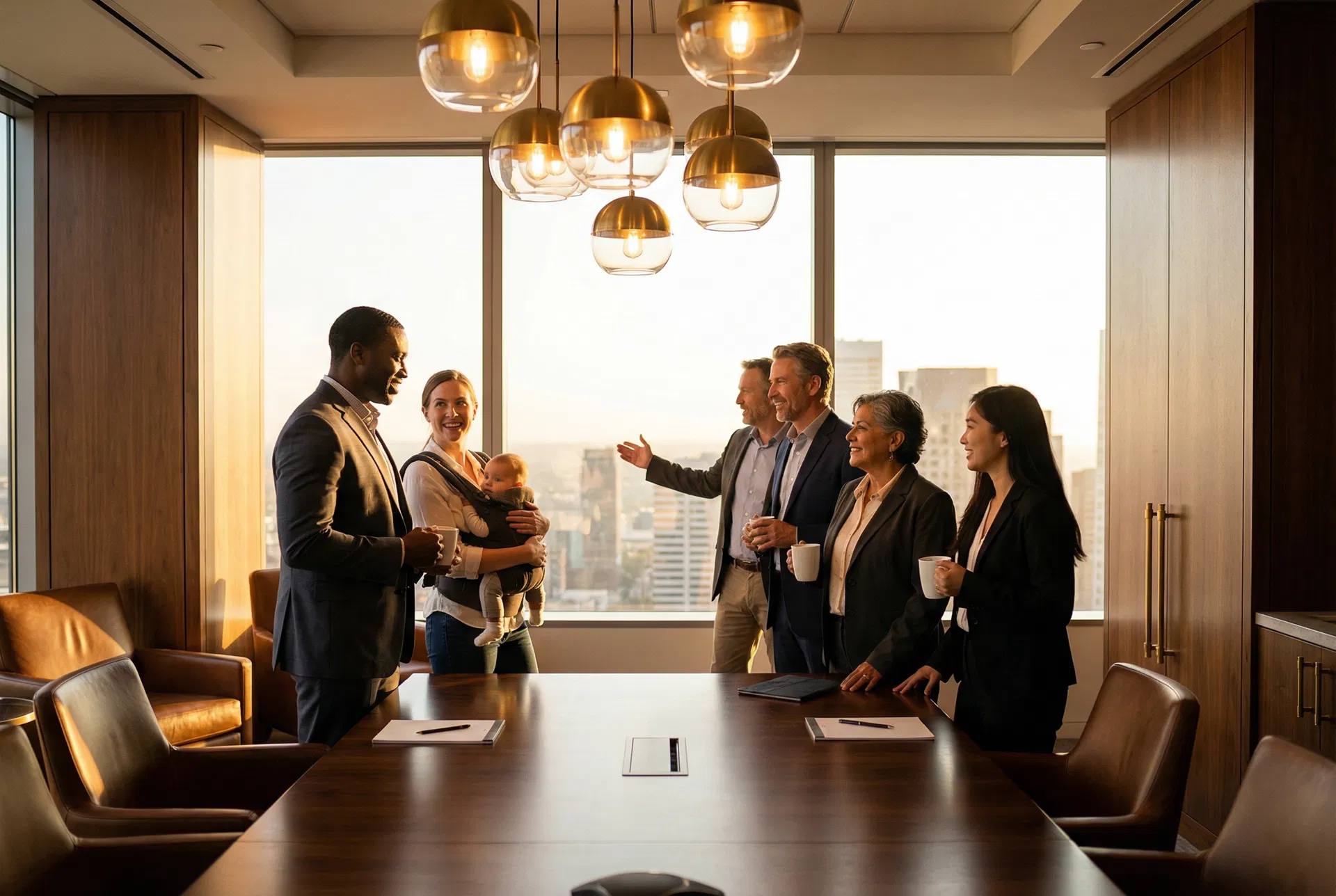 Diverse group of professionals and families in a luxury office setting