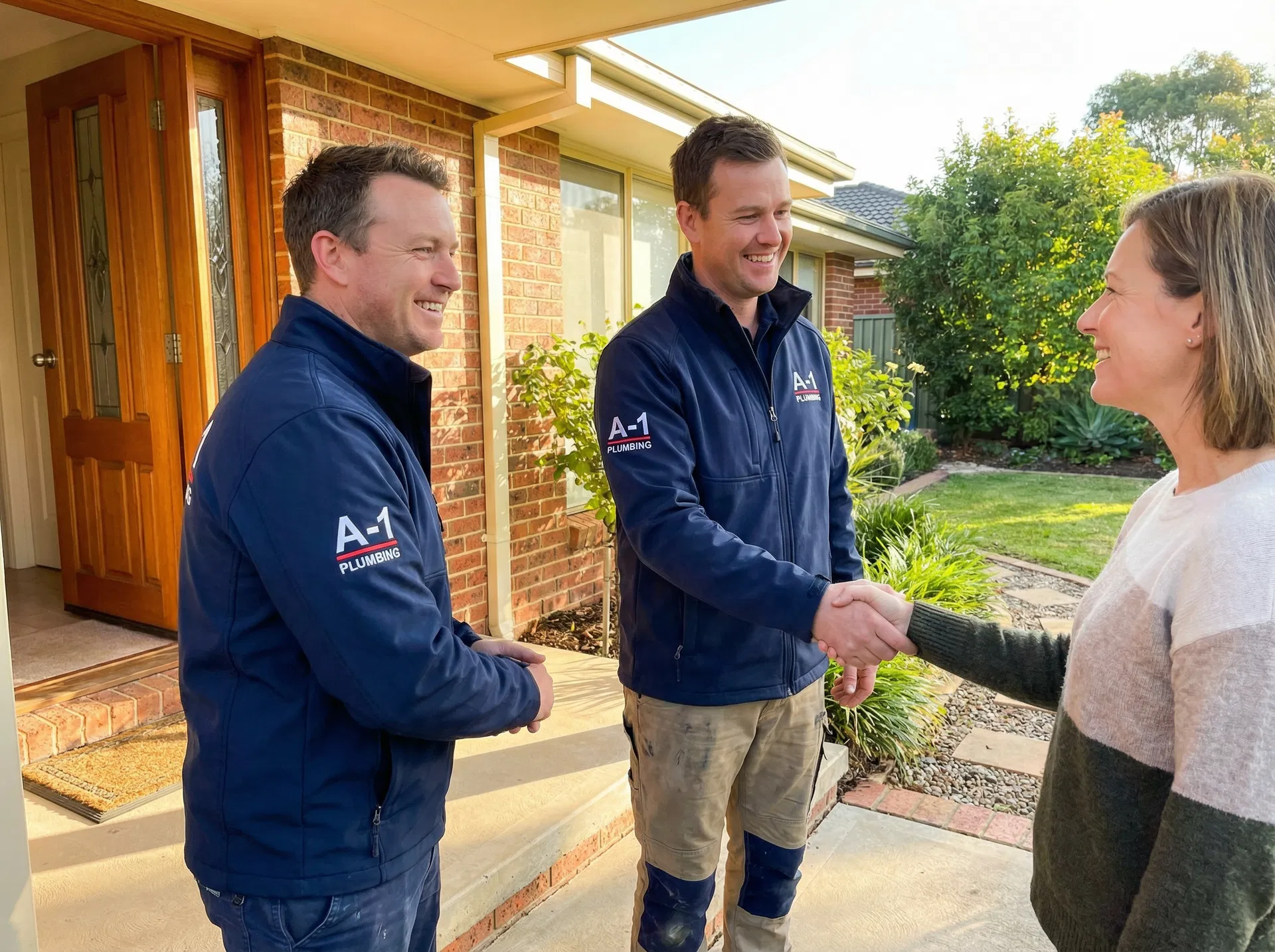 Pixora Plumbing team greeting a customer