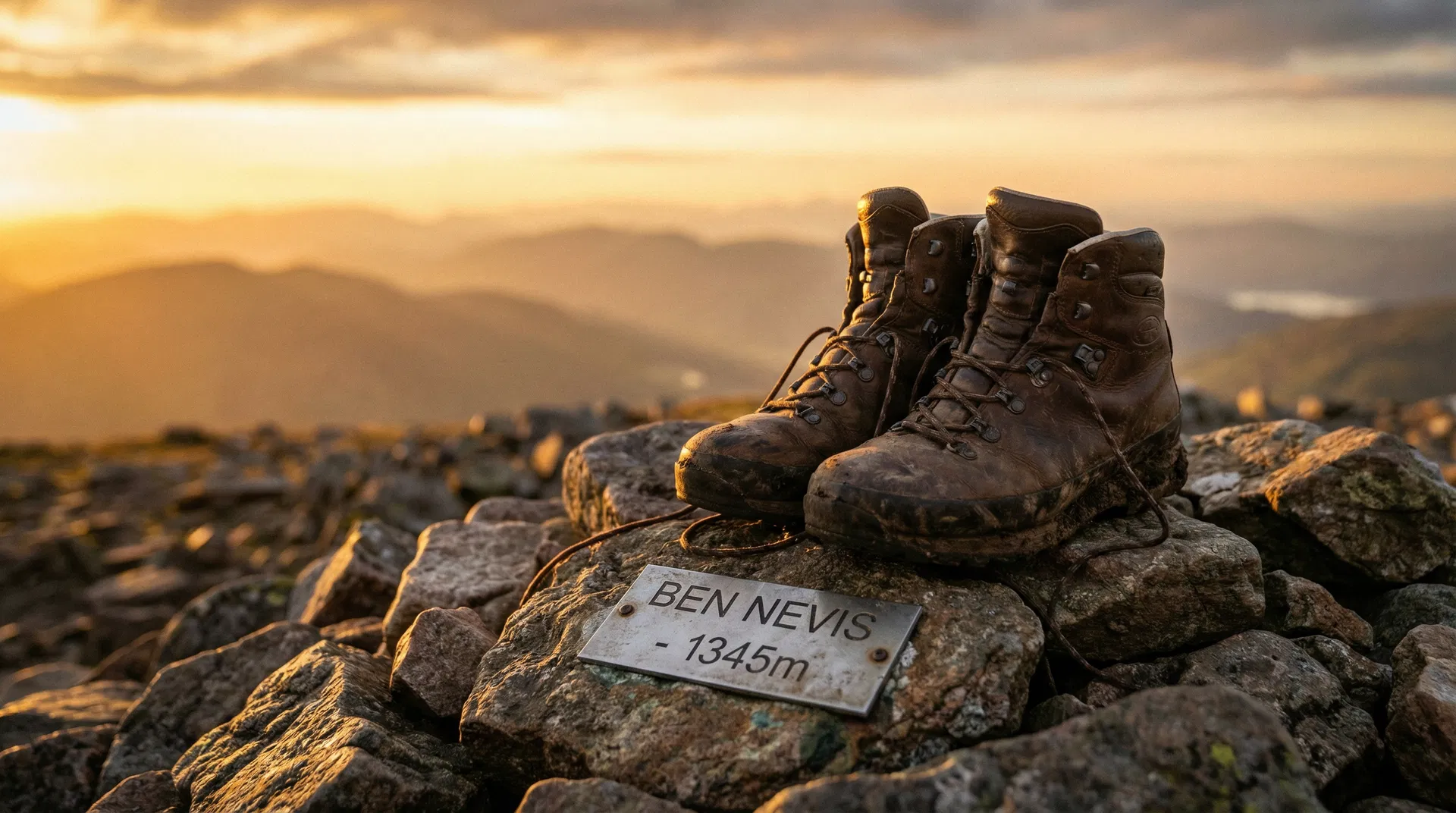 Hiking boots on a mountain summit at sunset