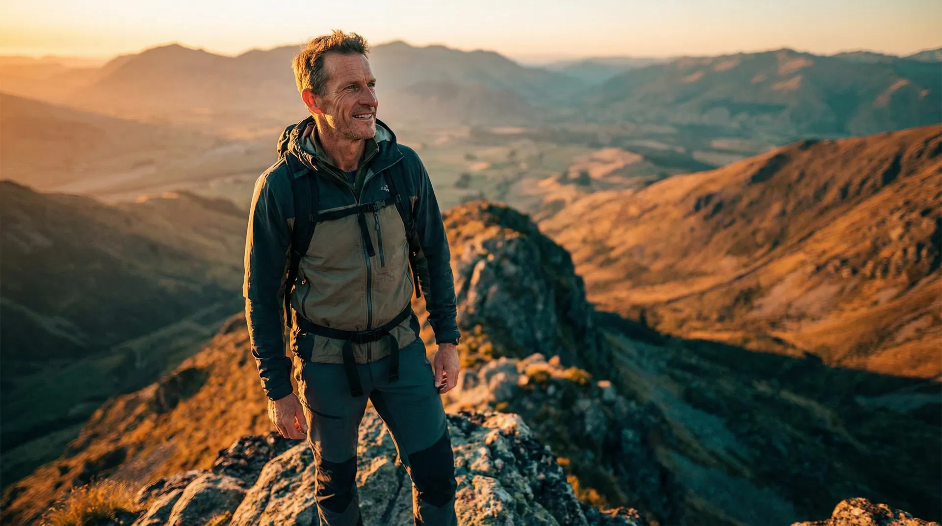 Man at peak performance on mountain summit