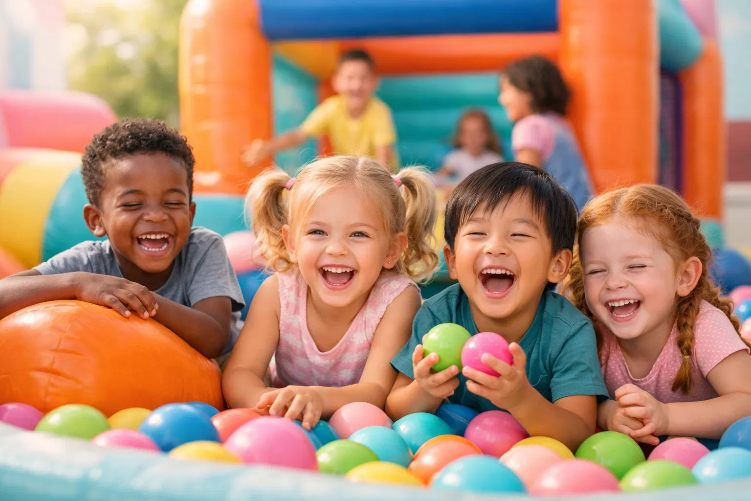 Crianças brincando em brinquedos infláveis para festas infantis