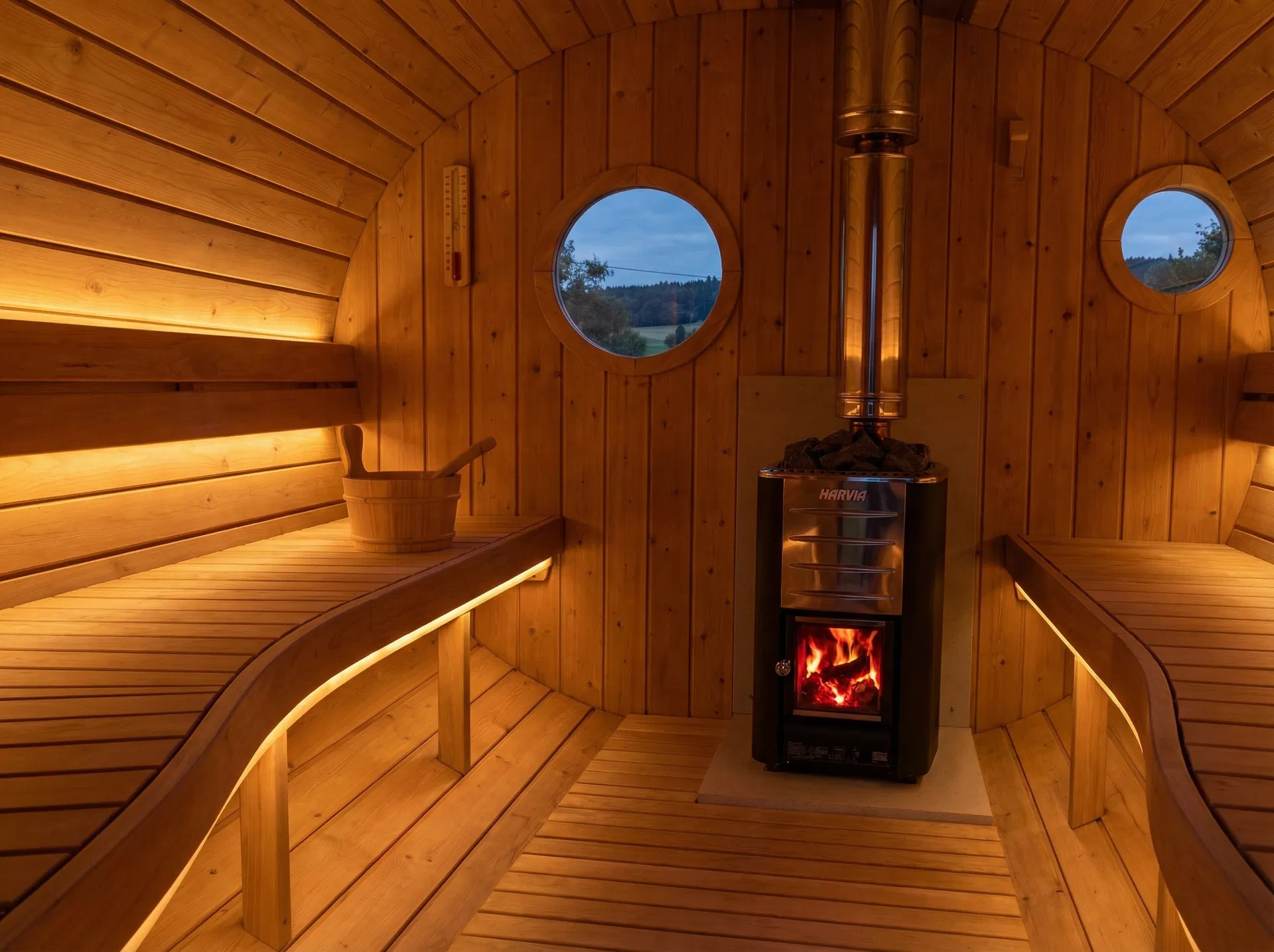 Garden sauna interior with Harvia stove