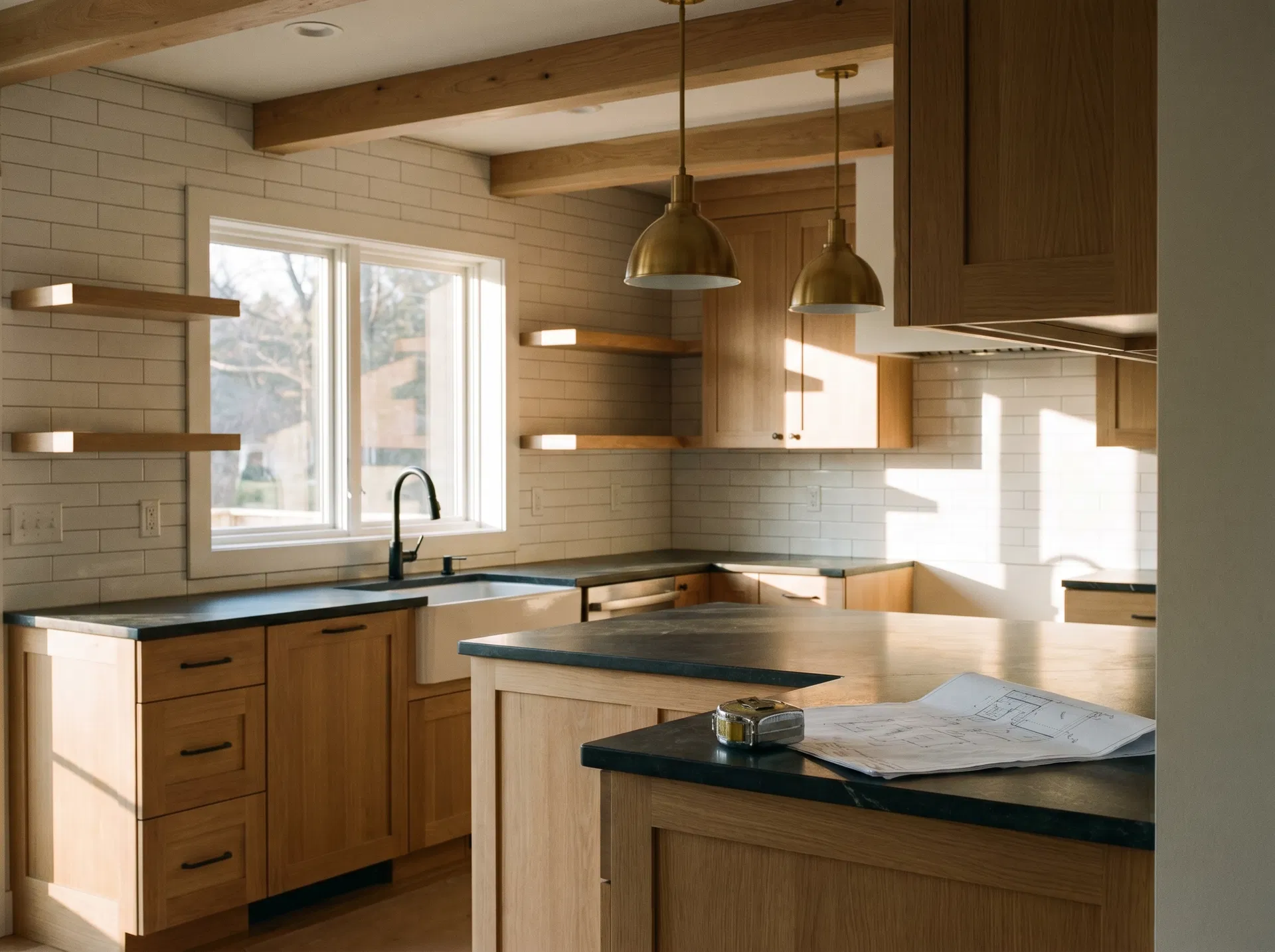 Recently remodeled modern kitchen with white oak cabinets and brass pendants