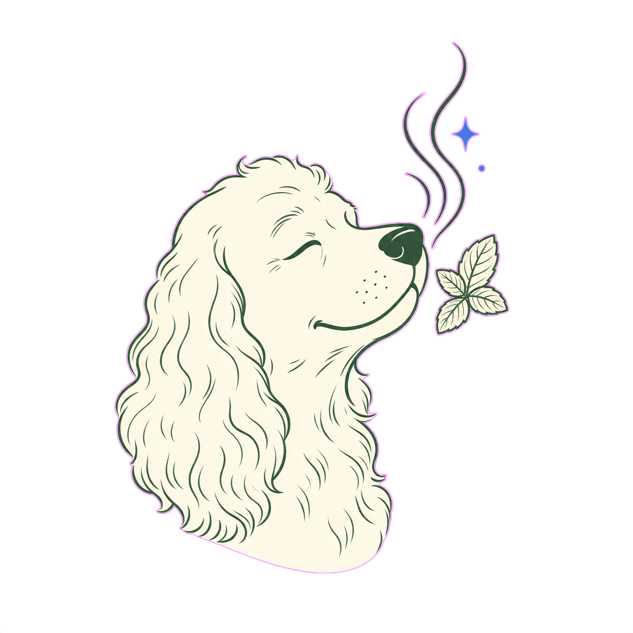 Senior cocker spaniel with a sprig of mint, illustrating fresh breath.
