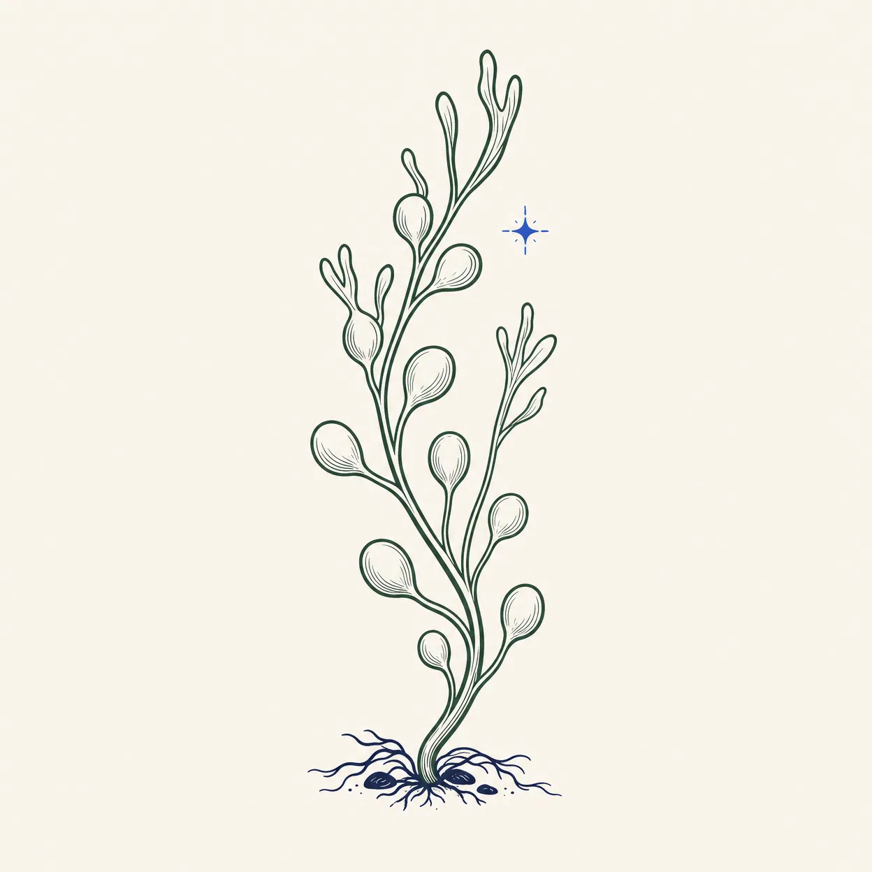 A botanical strand of Ascophyllum nodosum seaweed, illustrating 100% natural.