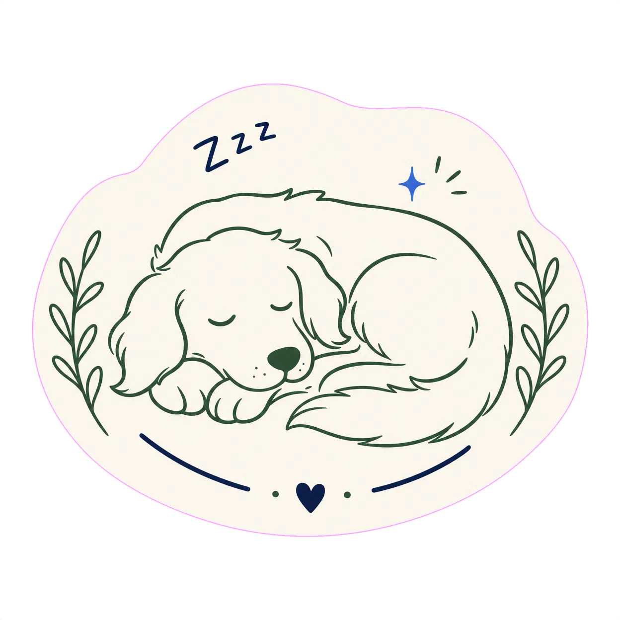 A sleeping dog curled up peacefully, illustrating zero stress.
