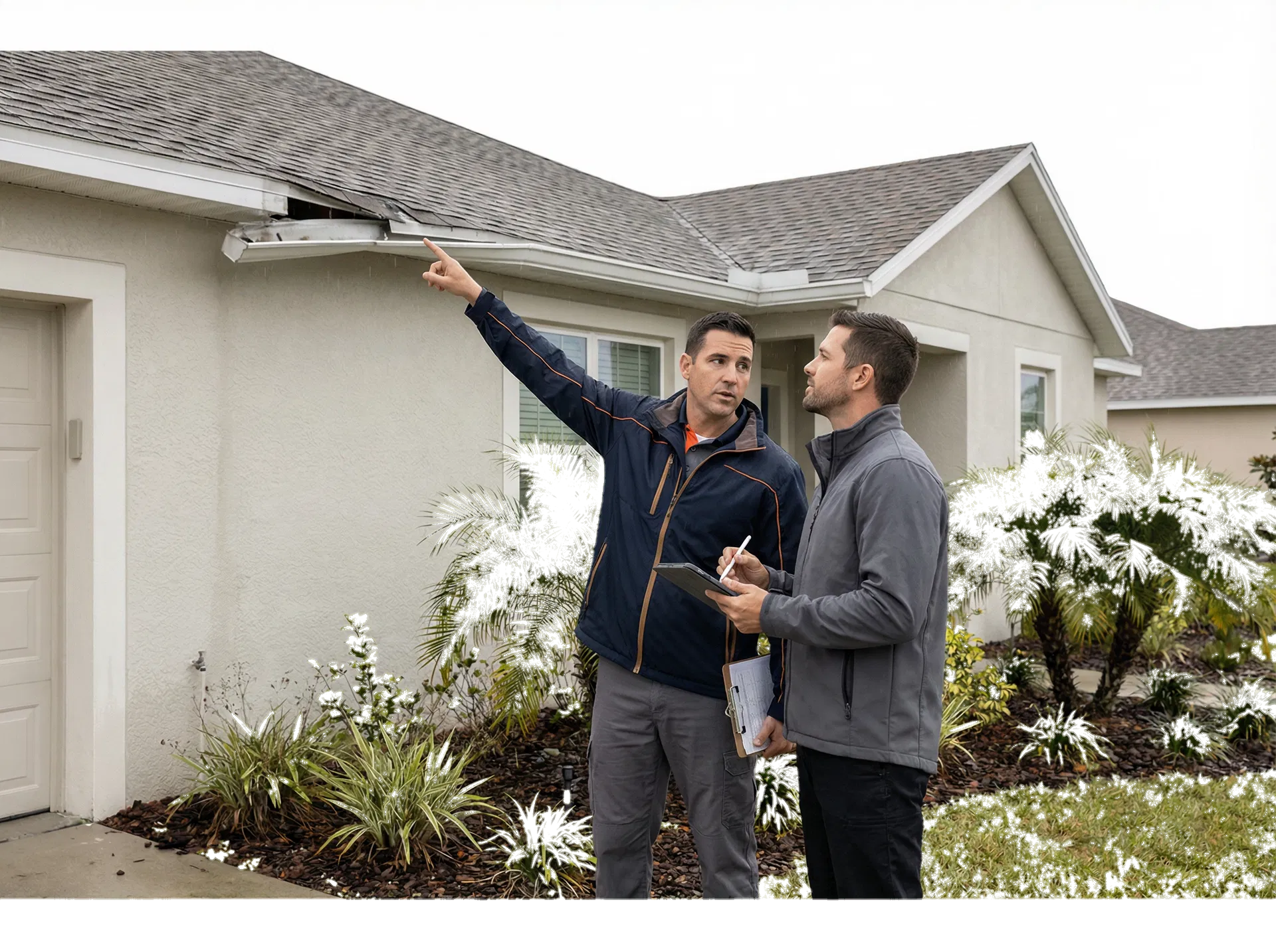 Two roofing professionals assessing storm damage outside a Florida home