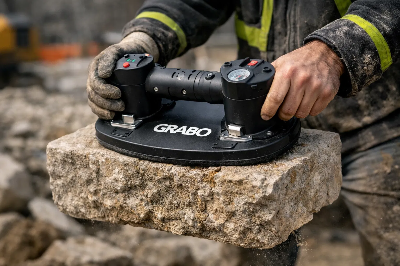 GRABO vacuum lifter in action on rough stone surface