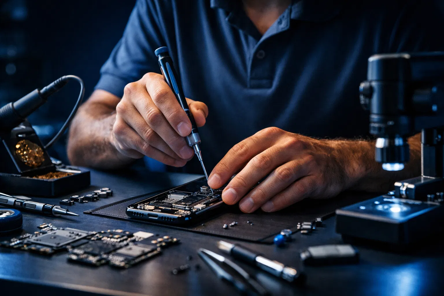 Tecnico WIN COMPUTER che ripara uno smartphone