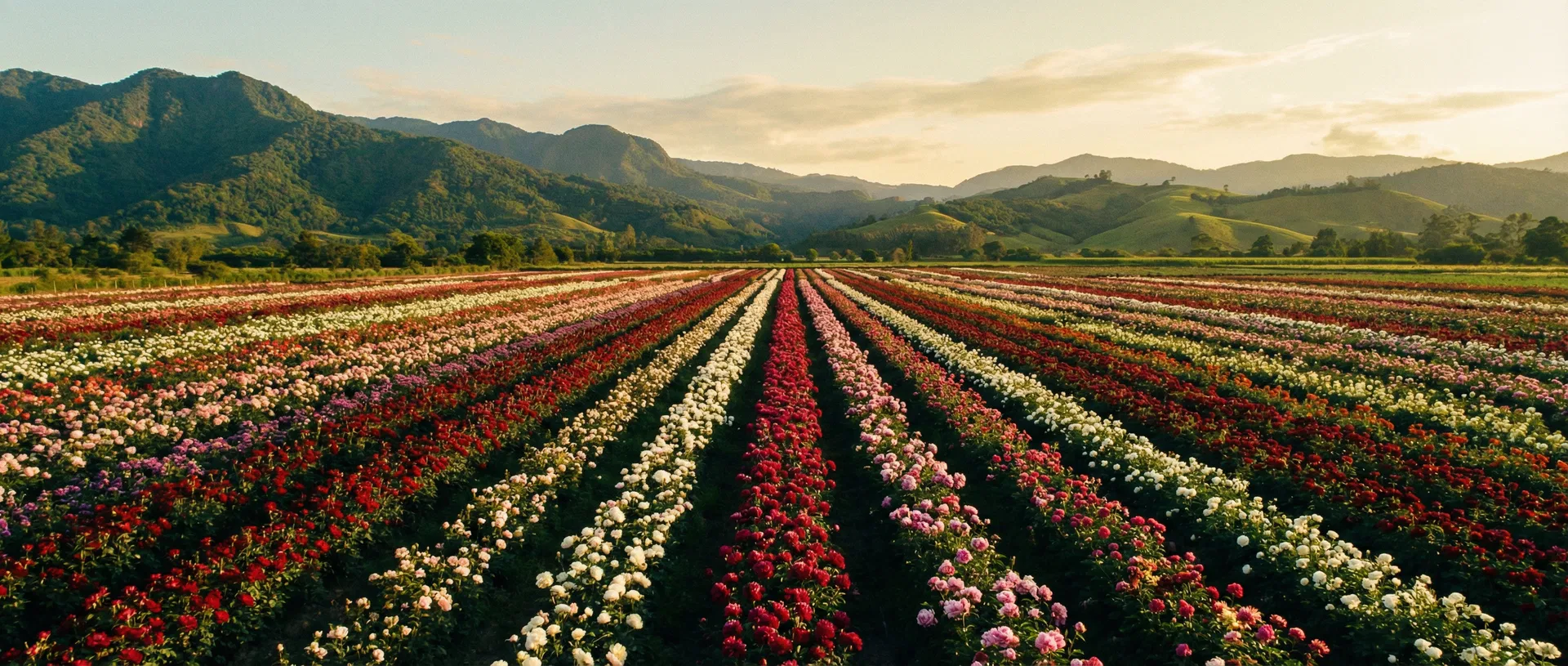 Panoramic view of a vast flower farm at golden hour with rows of colorful roses stretching toward green mountains