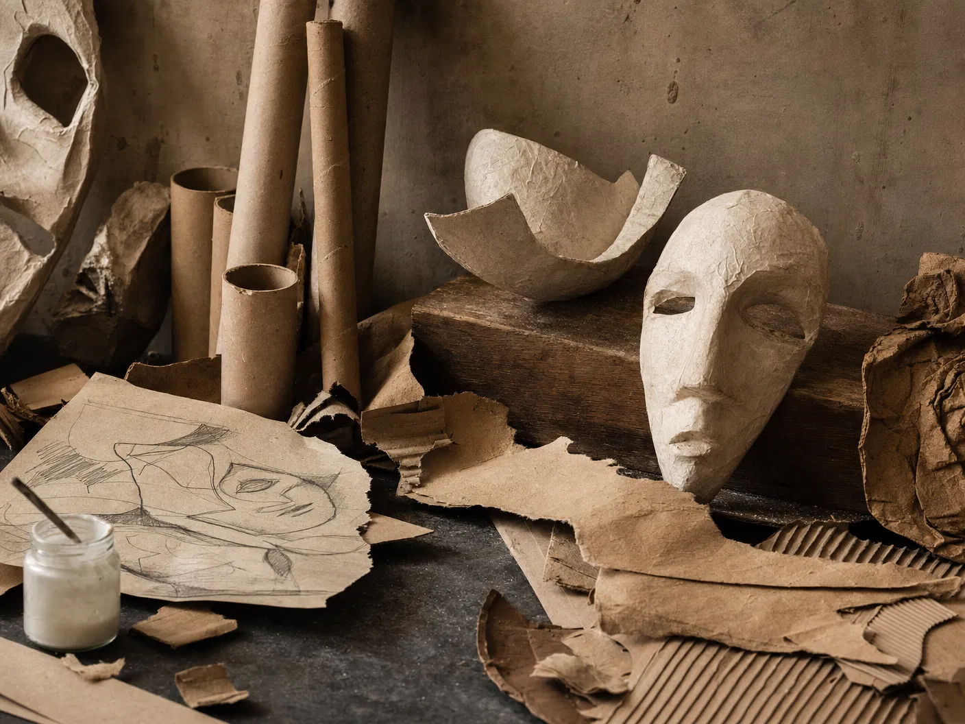 Dettagli di cartapesta, maschere e tubi di cartone in atelier