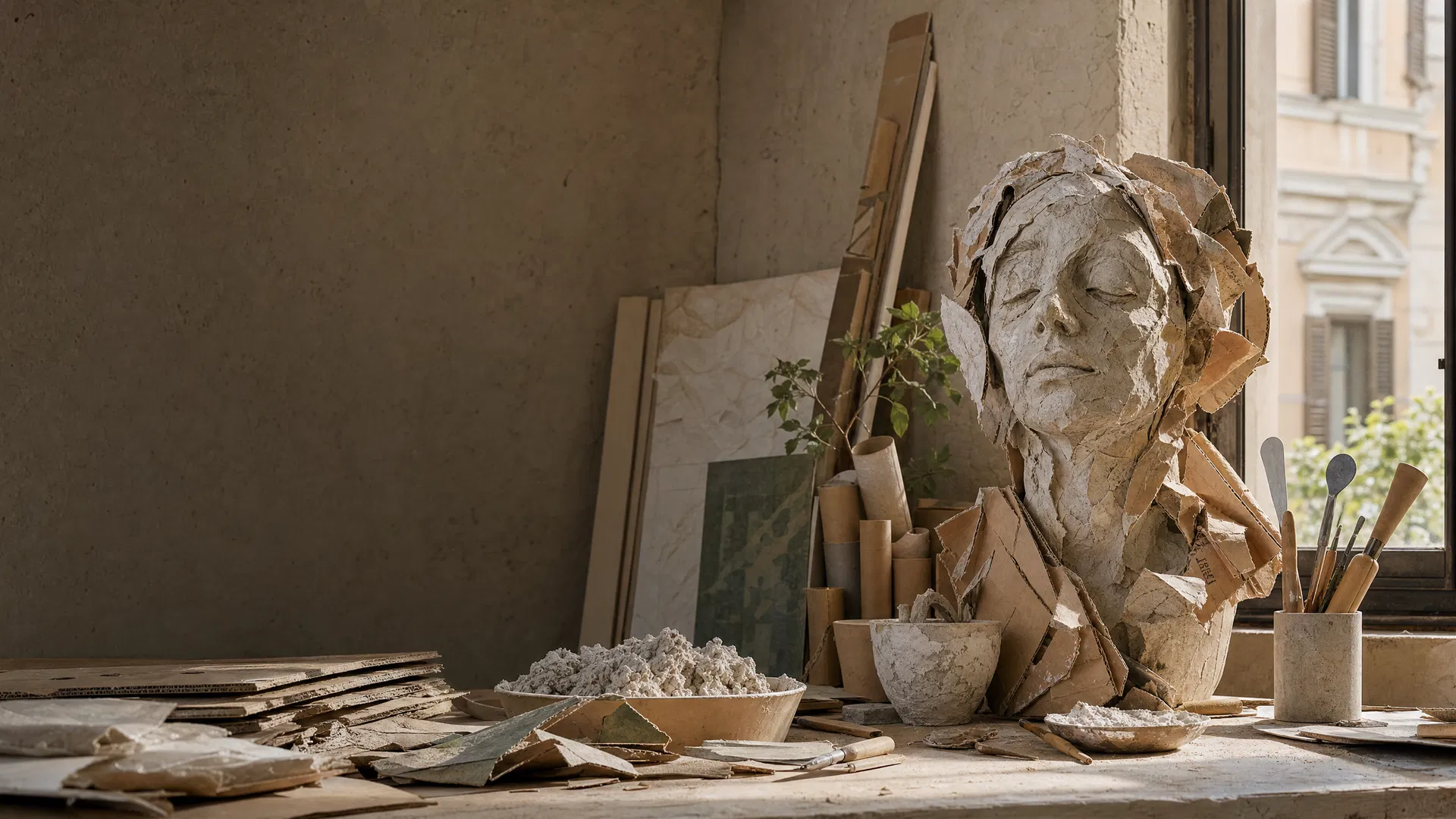 Bottega artistica con scultura in cartapesta e materiali riciclati