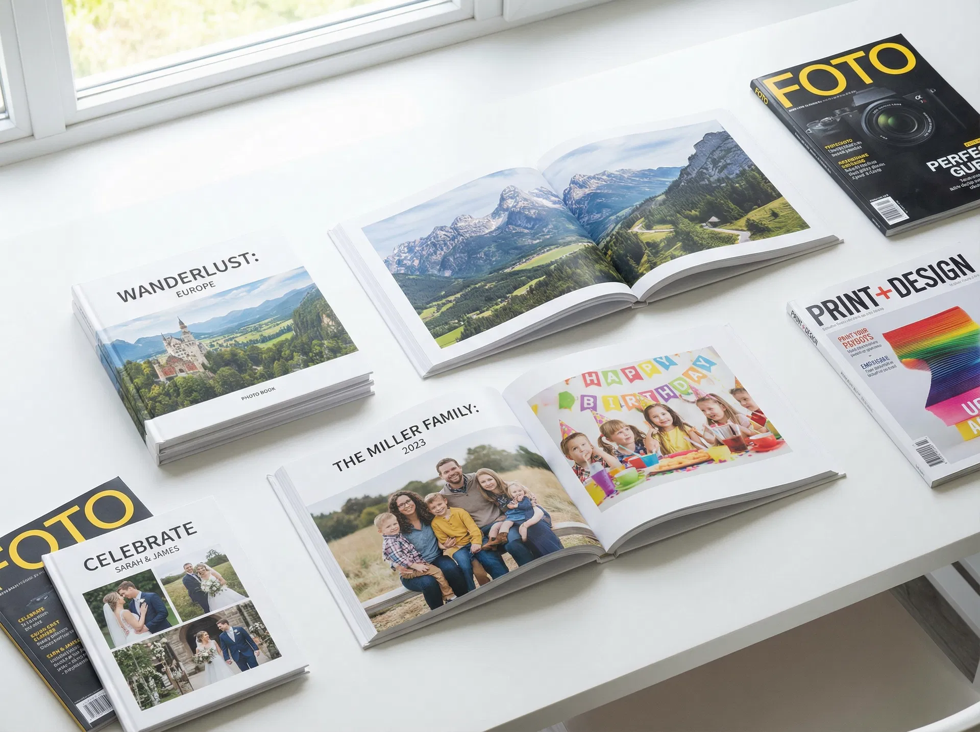 Softcover photo books showing family and travel memories