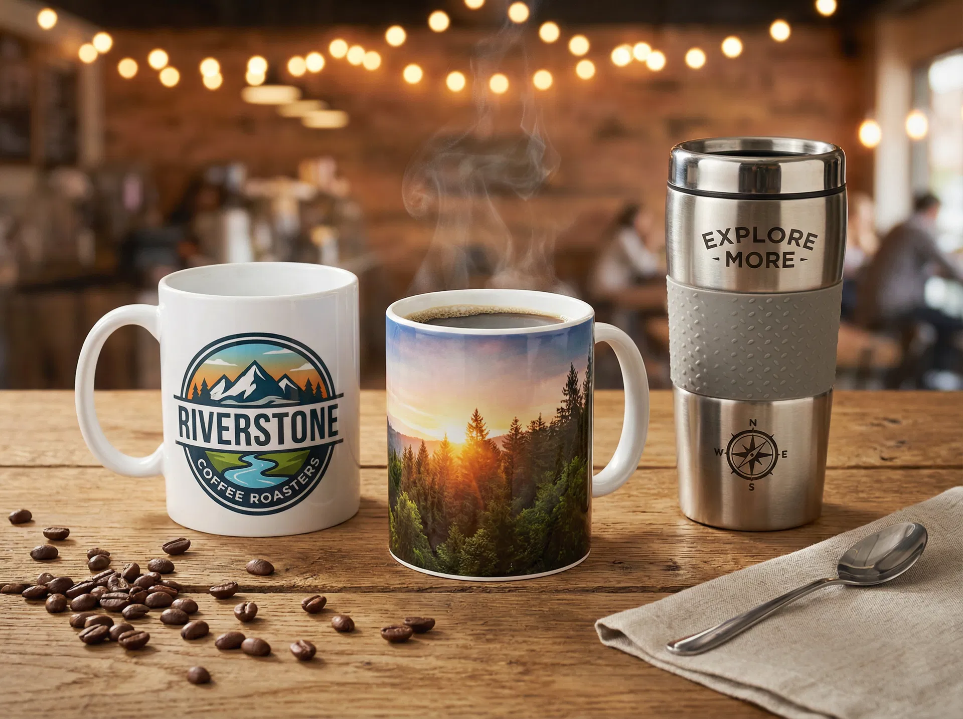 Custom printed branded mugs and travel cups
