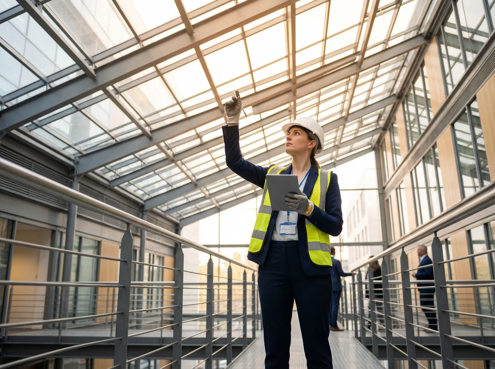 Professional surveyor inspecting commercial atrium glazing with tablet device